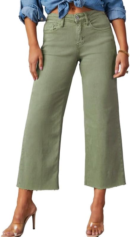 Allimy Women's High Waisted Straight Ankle Wide Leg Ripped Jeans Frayed Hem Stretchy Capri Denim Pants - Image 3