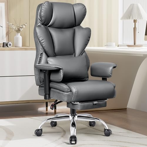 BESTFAIR Home Office Desk Chair 500Lb, Comfy Ergonomic Office Chair with Footrest, PU Leather Office Desk Chairs for Heavy People, High Back Executive Office Chair with Lumbar Support, Gray - Thumbnail 2