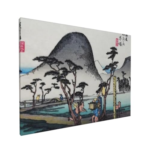 歌川広重 浮世絵 《東海道五拾三次之内 平塚:縄手道》ポスター 部屋飾り キャンバスウォールアート 印刷 版画 壁飾り 壁の絵 壁掛け ソファの背景絵画 40x30cm 木枠付きの完成品