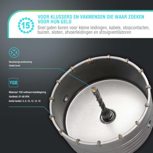 Image of BINOTA 16PCS 40-130 mm (1-9 /16 inch to 4-3 /4 inch) Concrete Hole Saw Kit | Tungsten carbide drill set; SDS-Plus & SDS-Max shanks; Cross-type center drill bit; Dry drilling for concrete /brick /stone