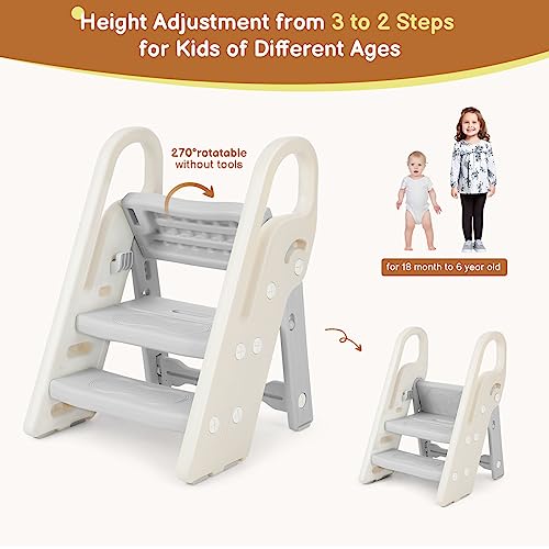Onasti Foldable Step Stool For Bathroom Sink, Adjustable 3 Step Stool For Kids Toilet Potty Training Stool With Handles, Child Kitchen Counter Stool Helper, Plastic Ladder For Toddlers Grey thumb #2