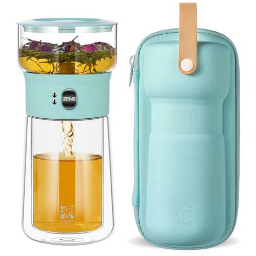 Image of ZENS Modern Glass Tea Infuser Teapot, Smart One Touch Tea Maker for Loose Tea Diffusers with Insulated Mug and Cute Portable Tea Kits for Tea Lover Gifts