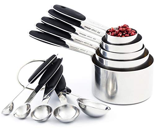 VOJACO 10-Piece Measuring Cups and Spoons Set Stainless Steel Measuring Cup and Spoon with Soft Silicone Handles Stackable Metal Kitchen Tools and Gadgets for Dry and Wet Ingredients Black