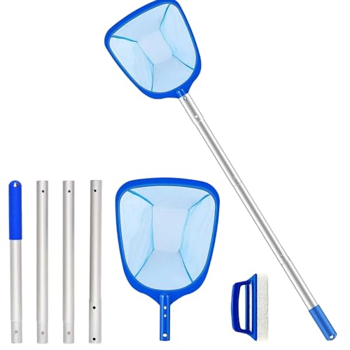 JOLYLINT Épuisette de Piscine avec Manche Télescopique, 4 Pièces, Épuisette à Feuilles avec Brosse Piscine, Kit de Nettoyage de Piscine, Épuisette à Maille Fine, Convient pour Piscines, Bains