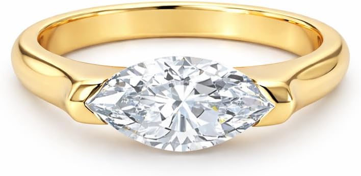 Marquise Ring for Women, Horizontal Bezel East West Marquise Engagement Ring, 18K Gold Plated Sterling Silver, Diamond-Like Gemstone Jewelry, Elegant Anniversary Birthday Gift for Her