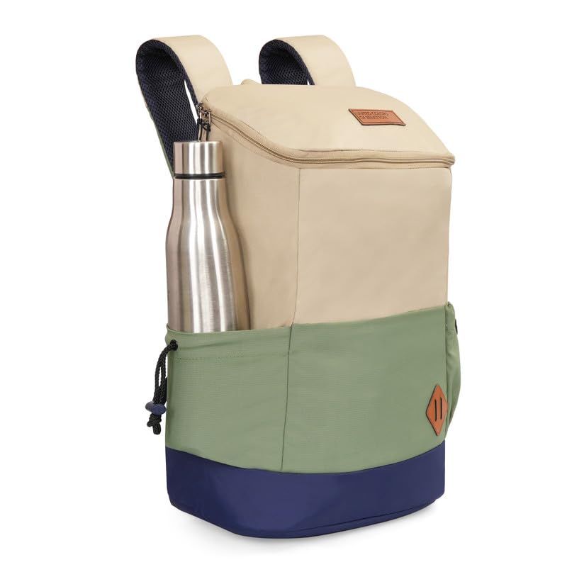 Image of United Colors of Benetton Cosmo 25L Backpack - Beige+Olive, Water-Resistant Drawstring Bag with Buckle Closure, Stylish & Casual Daypack