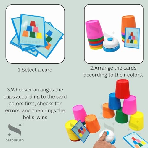 Image of Satpurush Battle Jenga Cup Stacking Game for Kids | Color Matching & Brain Development Toy | Educational Speed Game with Bell & 50 Challenge Cards | Age 3+ | Multiplayer Family Game.