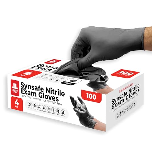 London Labs Synsafe 4 Mil - Black Nitrile Exam Gloves –Disposable Latex Free & Powder Free – Extra Strong, Rubber Gloves – First Aid Kit, Medical, EMT, Cleaning, Cooking | Pack of (100 ct)