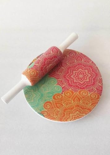 Image of Modern Floral Design Marble Chakla Wooden Belan | Printed 10 Inch Enamel Roti Maker with Belan | Heavy Duty Non-Slip Chakla for Roti, Chapati, Paratha |Kitchen Rolling Board (1 Set) (4.Sun Design)