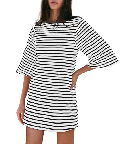 Image of Yousify Women's T Shirt Dress Cotton Summer Dresses 2026 Casual Loose Short Sleeve Striped Mini Dress with Pockets