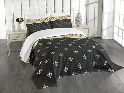 Lunarable French Bedspread, Pattern of Fleur de Lis Illustration Inspired by Baroque Style Victorian Period Art, Decorative Quilted 3 Piece Coverlet Set with 2 Pillow Shams, Queen Size, Charcoal Black -  bed_27947_queen