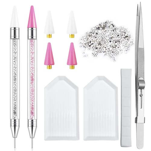 LIGHT RAIN Rhinestone Picker Tool - 2pcs Dual-head Bedazzling Pen with 4 Wax Tips 8pcs Clay Adjustable Precision Tweezers 1400pcs Rhinestones and 2pcs Organizer Tray Kit for Nail Art