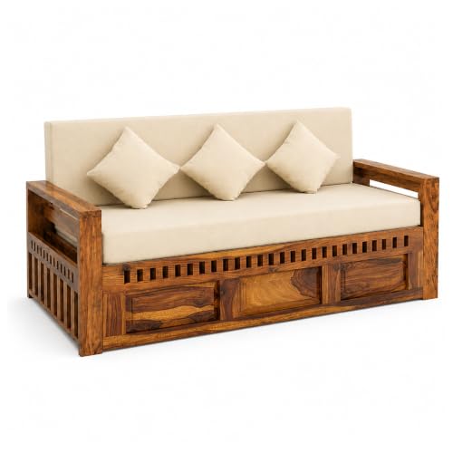 Image of SONA ART & CRAFTS Kuber Sheesham Wood Sofa Cum Bed 3 Seater with Storage and Side Pockets for Living Room Organizer Furniture Sofa Bed Home, Bedroom (Natural Finish)