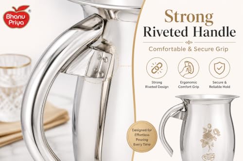 Image of Bhanu Priya Stainless Steel Deluxe Laser Water Jug 2.5 L | Mirror Polish Steel Jug | Floral Laser Engraving | Wide Mouth | Strong Riveted Handle | Water, Juice, Milk & Lassi Jug| 2.5 L
