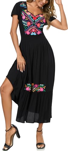 Image of Women's Summer Maxi Dress Casual Floral Embroidered Round Neck Short Sleeve Ruffle Tiered Dress Flowy Boho Beach Sundress
