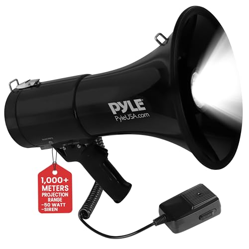 Pyle Portable Compact PA Megaphone Speaker, 50W Rechargeable Bullhorn Megaphone with Siren, Adjustable Volume, Lightweight Handheld Loud Speaker, For Coaches, Referees and Lifeguards