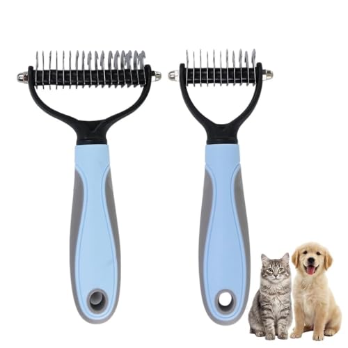 2-Pack Pet Dematting Comb, Undercoat Rake Set for Dogs &amp; Cats - Safe Deshedding Grooming Tools, Large &amp; Small Gentle Mats Tangles Remover Brush for Long Thick Haired Pets (2, blue-mixed) (blue-mixed)