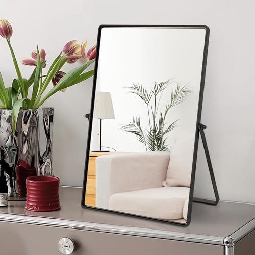 Image of Numjeg Desktop Makeup Mirror with Black Metal Standing 90° Rotation Vanity Table Mirror Portable Cosmetic Mirror for Dressing Room Bedroom Bathroom Rectangle