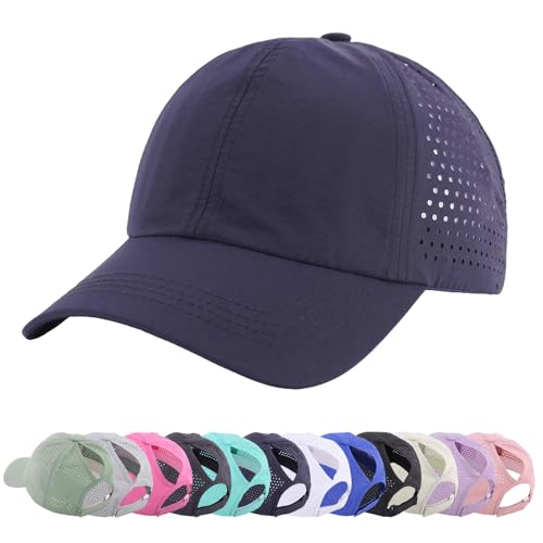 Enwokran Gorra de Béisbol Cola de Caballo para Mujer, Ponycap Ajustable Malla Transpirable Secado Rápido Impermeable Deportes al Aire Libre Gorro (Azul Marino)