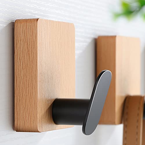 Deliton Towel Hooks Wall Mounted - Bathroom Coat Hooks Punching For Hanging Robes Clothes Light Brown, Black Solid Wood Beech Wall Hook 4 Packs #TOP7