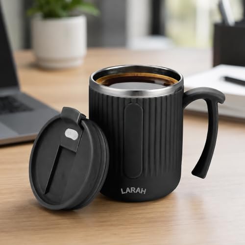 Image of Larah by BOROSIL 350 ml FlipSip Coffee Mug, Flip Lid, Steel Inner (Black)