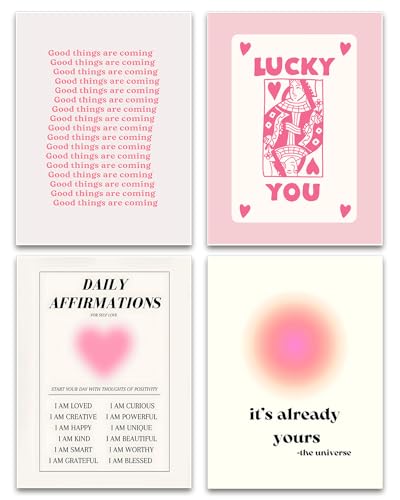 Hwetui Preppy Pink Aura posters Daily Affirmations Wall Art Trendy Y2K Canvas Prints Cute Lucky You Painting Retro Aesthetic Room Decor Picture for College Dorm Bedroom 12x16Inch Set of 4 Unframed
