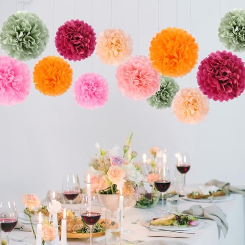 Image of BestoFun 16 PCS Red Green Party Decorations Tissue Paper Flowers Pom Poms Decorations for Girl Groovy Birthday Baby Shower Wedding Bachelorette Room Wall Hanging Decor
