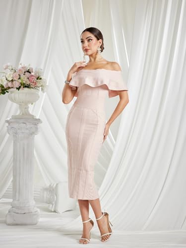 Image of Off Shoulder Bandage Dresses for Women Wedding Guest Party Midi Formal Gowns Evening Dress