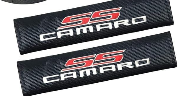 Car Seat Belt Pads, Pair of 2, Black Leather, Embroidered Camaro SS Emblem, Fits Camaro