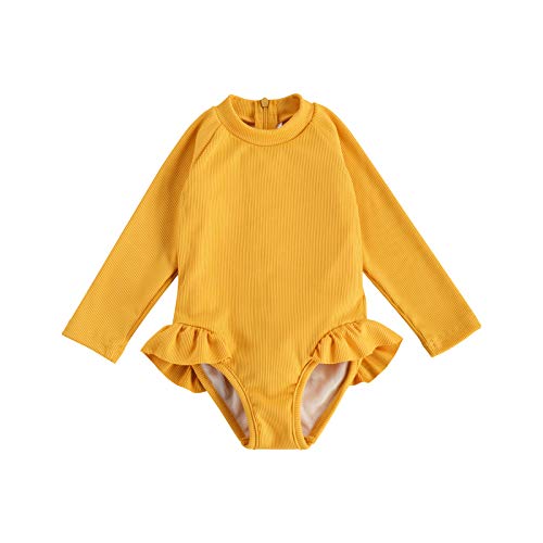 Merqwadd Toddler Baby Girl Swimsuit Rash Guard Long Sleeve One Piece Swimwear Bathing Suit for 1-5Years Kids (A-Ginger,3-4T)