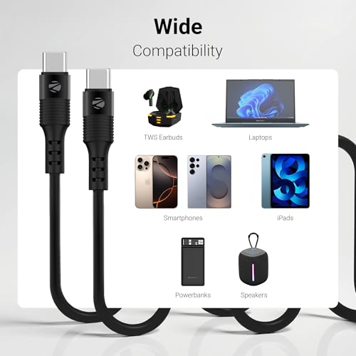 Image of Zebronics Wattz 60CC2 Type-C to Type-C Soft Silicone Cable, PD 60W, 1 Meter, Durable, Charge & Sync, Rapid Charging, For Laptops, Tablets, Mobiles (Black)