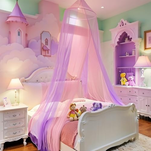 Eimilaly Two-Tone Bed Canopy Mosquito Net Pink Purple, Bed Canopy for Girls Room Decor - Insect Protection Hanging Canopy for Adults, Babies, Single Door by Eimilaly - Used condition - Image 3
