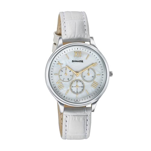 Image of Sonata Axis with Quartz Analog White MOP Premium Multifunction Design Dial White Strap Watch for Women - 87119SL01