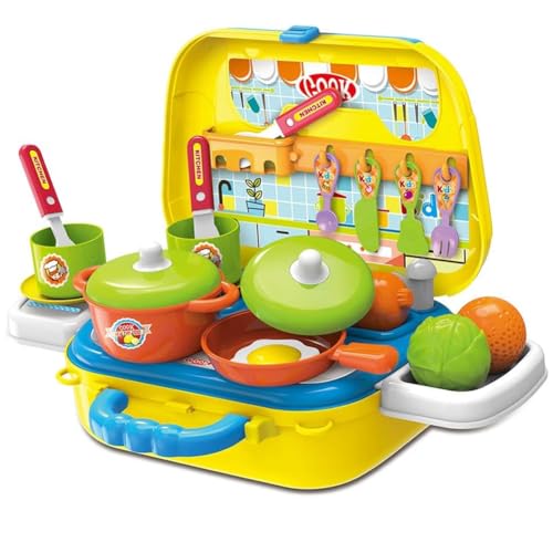 BAKAJI Valigetta Cucina Giocattolo per Bambini con Fornello Pentole Padelle 20 Accessori Gioco e Tracolla per Il Trasporto