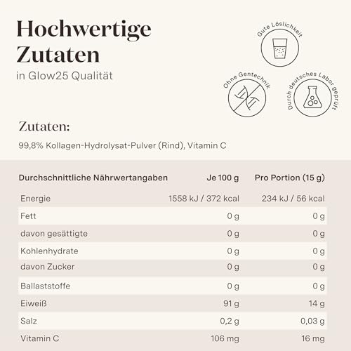 Glow25® Collagen Pulver [225g] – Unser Original – Kollagen Hydrolysat mit Vitamin C – Peptide Typ 1 und 3 – Gute Löslichkeit – Neutral