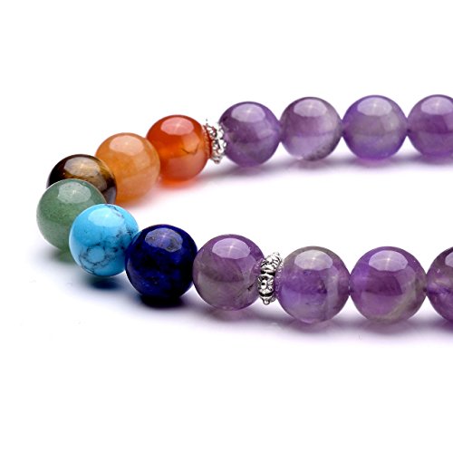 Jovivi 7 Chakras Amethyst Healing Crystal Bracelet Natural Round Stone Beads Yoga Balancing Quartz Jewelry Tree Of Life Tumbled Gemstone Stretch Bracelet W/Gift Box #TOP2