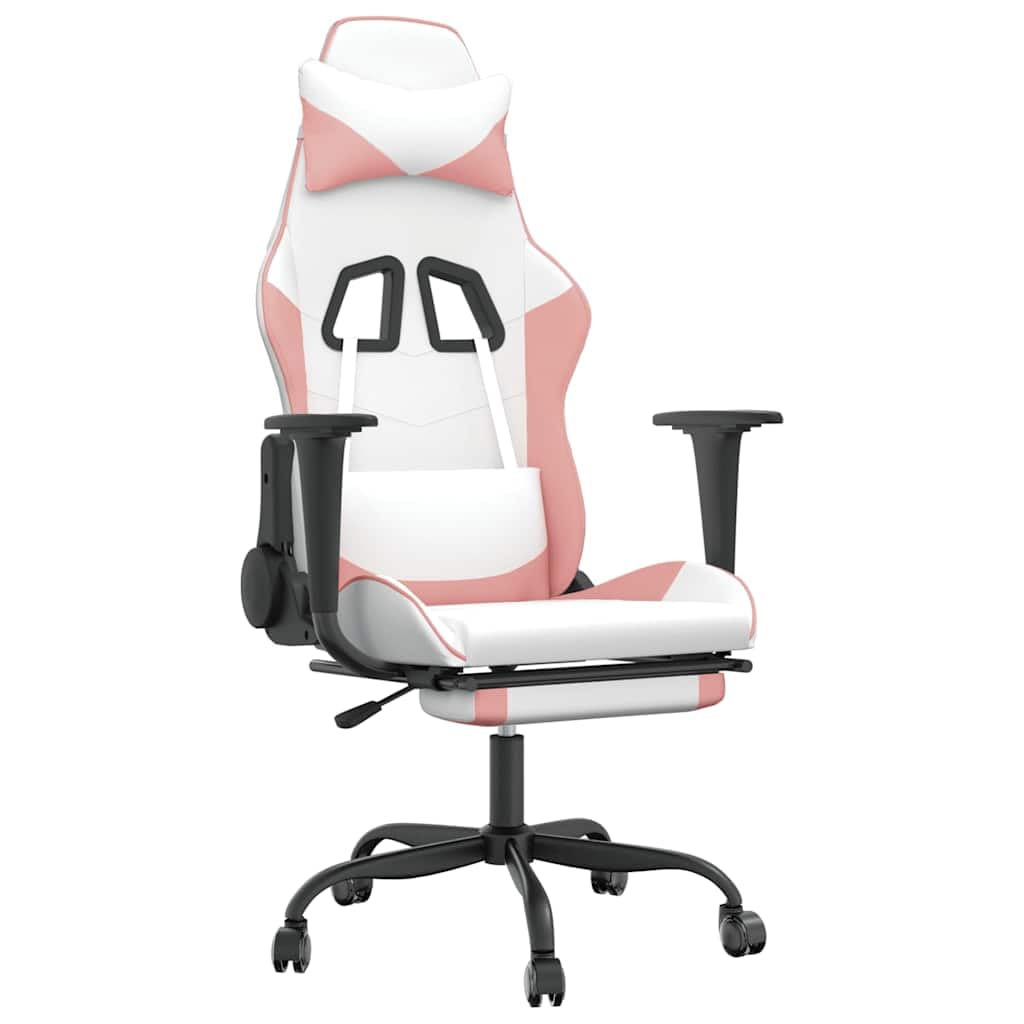 Sedia da gioco rosa bianca con massaggio e poggiapiedi in ecopelle regolabile schienale e altezza girevole a 360 gradi, robusto telaio in metallo, max. 110 kg