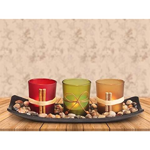 Natural Candles Set, 3 Candle Holder with 3 Small LED Candle Tea Lights, Natural Rocks and Wooden Tray, Flameless Candles for House, Decorative Home Accessories, Bedroom, Bathroom, Christmas Cover