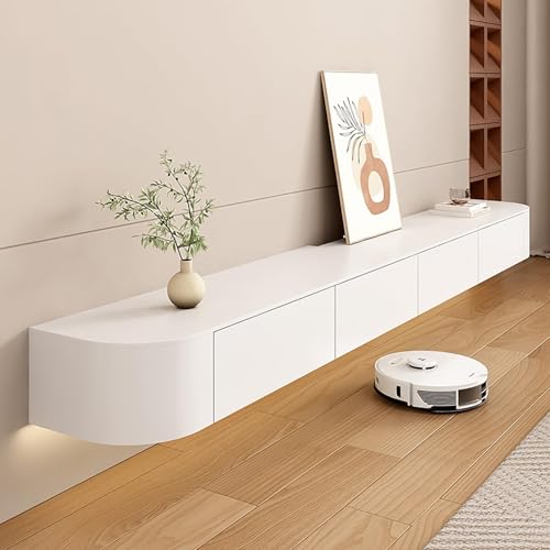 Image of Floating TV Stand Wall Mounted - Wall Entertainment Center with Flip-Down Doors & Drawers, Modern Hanging TV Shelf for Living Room, Media Console for 65 /75 80 Inch TVs (White, 102.4 IN /260CM)