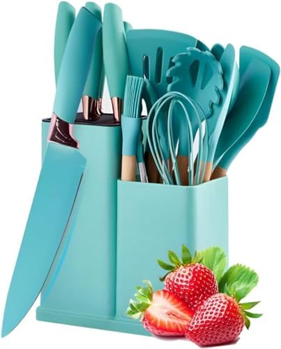 Kit 19 Utensílios De Cozinha Em Silicone E Cabo De Madeira Jogo De Utensílios Resistente ao Calor Antiaderente Premium (Verde)