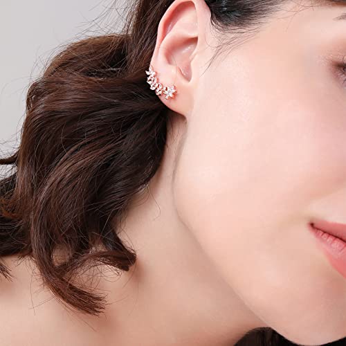 Ear Crawler Earrings Ear Climber – 14K Gold Plated 925 Sterling Silver Flower Ear Cuff Wedding Earrings (Rose Gold) #TOP2