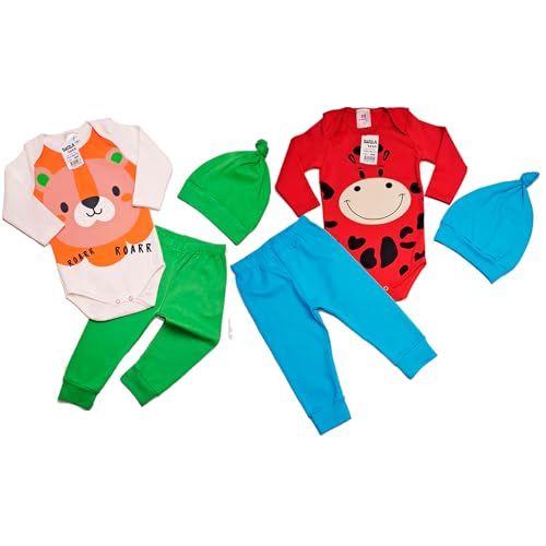 Kit Roupa de Bebê 6 Peças Body Manga Longa Estampado com Calça Mijão e Touca para Bebês Meninos ou M