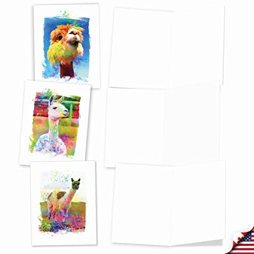 The Best Card Company Assorted Animal Watercolor Blank Greeting Card Box Set - Incl. 10 Unique Notecards Designs + Envelopes for Thank You, Invitations - Funky Rainbow Llamas AM6862OCB-B1x10