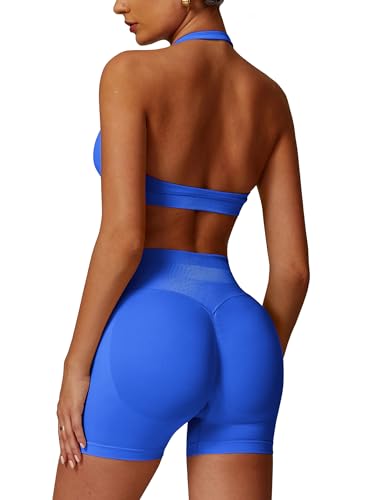 ABOCIW Workout Sets for Women Seamless High Waist Scrunch Butt Lifting Gym Shorts Halter Sports Bra 2 Piece Yoga Outfits Work Out Clothes Electric Blue X-Small
