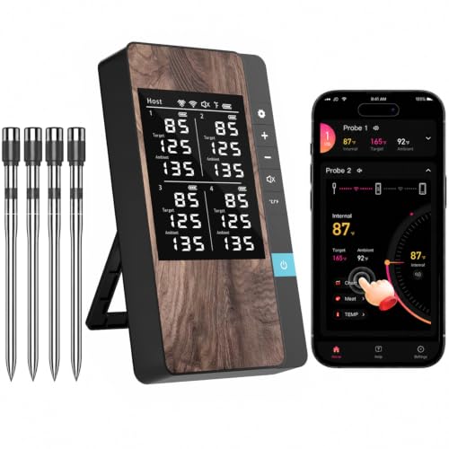 Image of Wireless Meat Thermometer Digital, 4 Probes Bluetooth Thermometer | Smart App & Standalone Display Base, NIST ±0.5F, Instant Read LCD, BBQ Smoker Grill Oven, Brisket Steak Turkey Pork