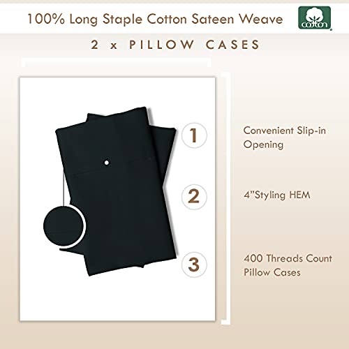 Pizuna Pure 100% Cotton Pillow Cases King Size Set of 2 black, Luxurious 400 Thread Count Long Staple Cotton Sateen with Stylish 4\" Hem (Combed black Cotton Pillow Cases King) - Thumbnail 3