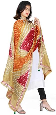 kalpit creations H R Fashion Women's Jaipuri Rajasthani Silk Bandhani Bandhej Multi-Colored Heavy Dupatta with Gota Work and latkan (Skin-Orange-Mehrun)
