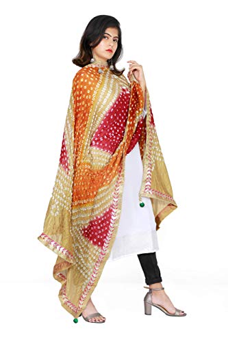 Kalpit Creations Women's Jaipuri Rajasthani Silk Bandhani Bandhej Multi-Colored Heavy Dupatta with Gota Work and latkan (Skin-Orange-Mehrun), Skin-Orange-Mehrun, free size