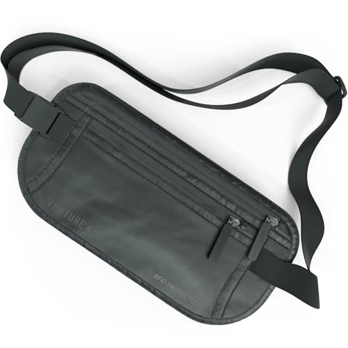 VENTURE 4TH Money Belt for Travel – Hidden Under-Clothes RFID Blocking Passport Holder & Slim Travel Wallet Pouch for Men & Women to Protect Cash, Cards & Documents (Sleek Gray)