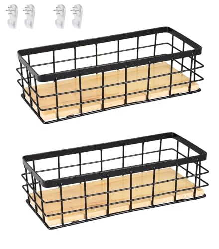 Drahtkorb,Metallkorb Schwarz Dekokörbe Haushalt Wandkorb Metall Badezimmer Aufbewahrungskorb Korb Metall Abnehmbarer Holzsockel für Obst Snacks Küche Speisekammer(2 Stück)